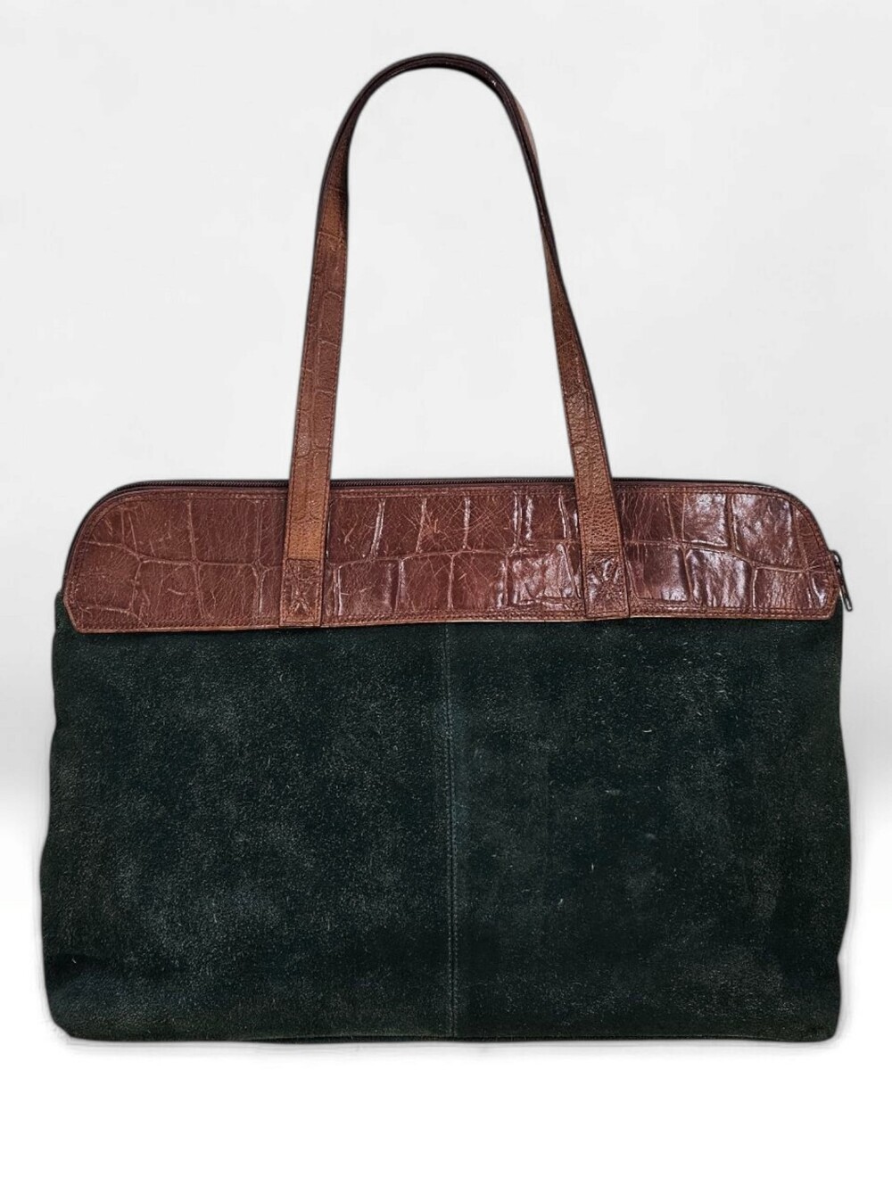 Vtg VALERIE STEVENS Green Suede Brown Croc Embossed Leather Zip Work Tote
